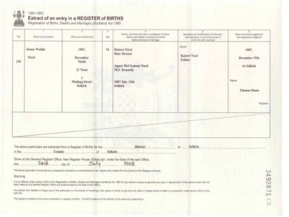 Certification of Birth extracted from the original record